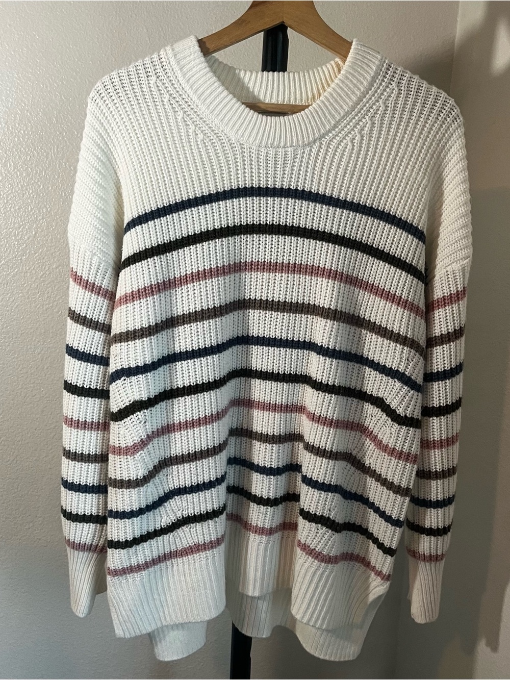 SO Cream Striped Crewneck Sweater with Navy, Black and Mauve Stripes